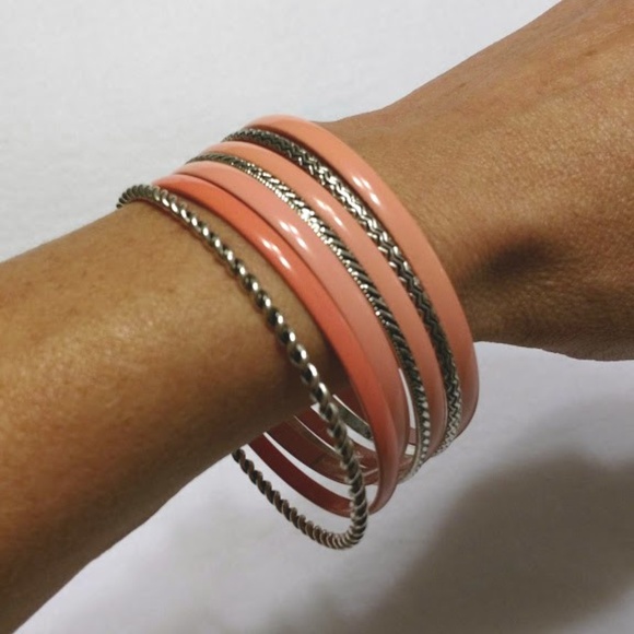 Jewelry - Coral and Silver Bangle Bracelets (set of 7)
